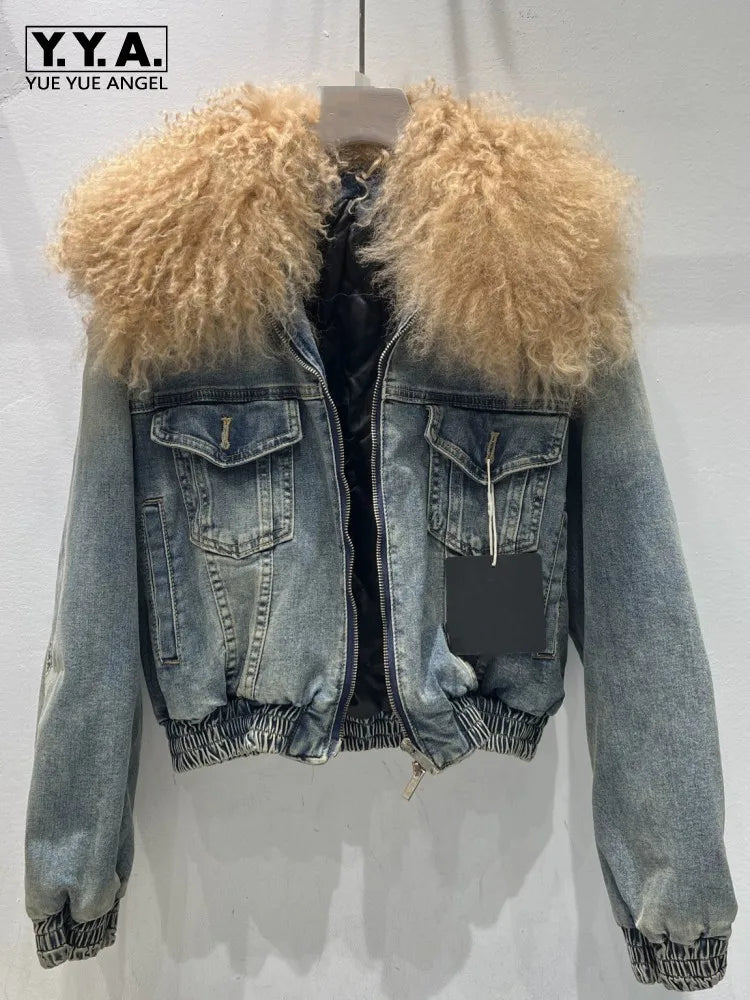 Women Vintage Denim Jacket Faux Fur Collar Autumn Winter Padded Liner Short Coat High Street Female Loose Fit Casual Outerwear