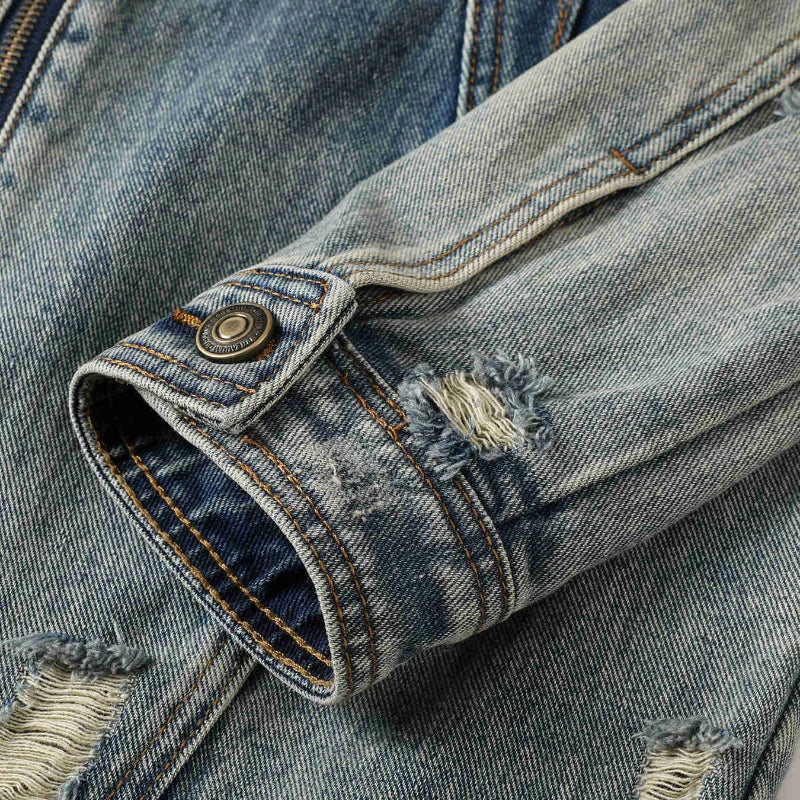 Men Stand Collar Loose Casual Gradient Splice Washed Denim Rivet Punk Rock Motorcycle Jacket Cityboy Plus Size Jeans Coat