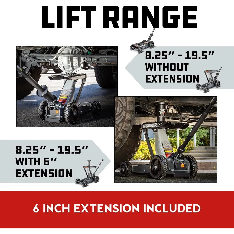 Big Wheel Triple Lift Garage Jack 3000 Pound Off Road Lift for Trucks Cars and Motorcycles with 1.5 Ton Capacity Ideal for Heav