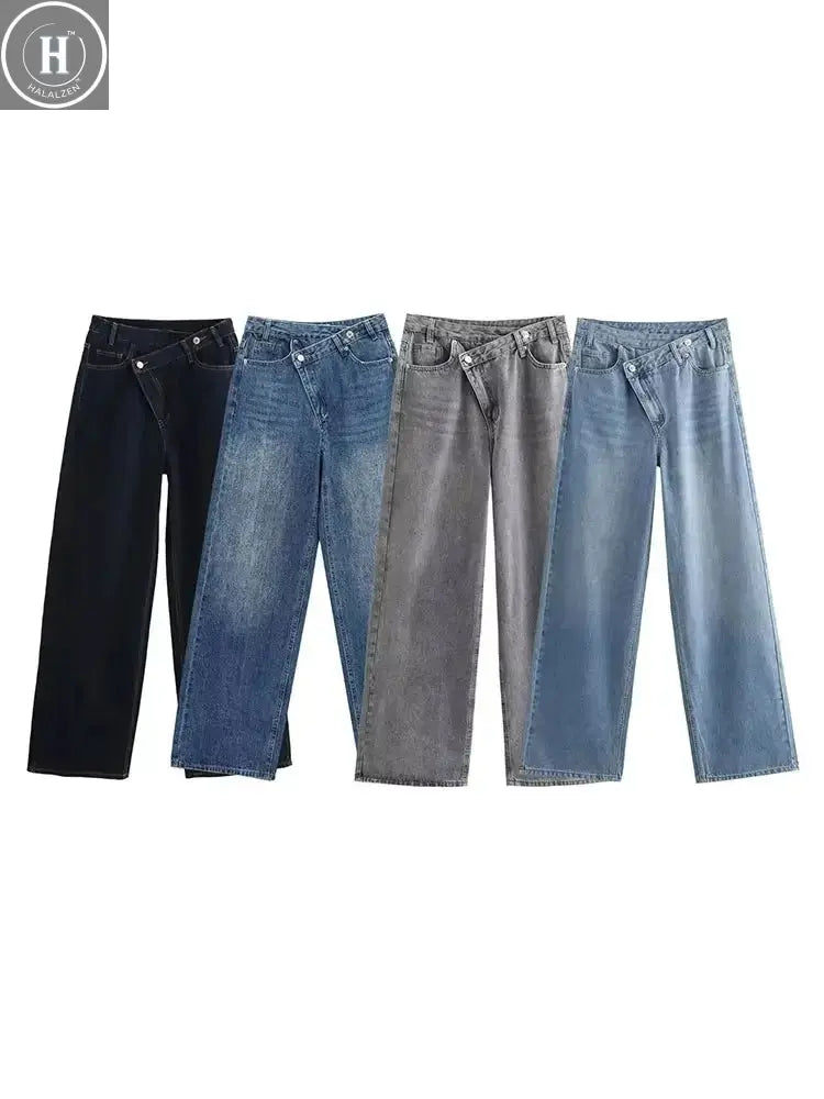 HH Women's Street Fashion Wide-leg Jeans Double-clad Pants With Pockets High Waist Solid Asymmetric Retro Straight Trousers Halalzen UK
