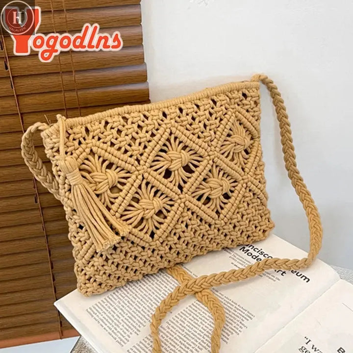Summer Hollow Straw Bag For Women Tassel Decors Shoulder Messenger Bag Travel Beach Bag Daily Cotton Rope Crossbody Bag HALALZEN