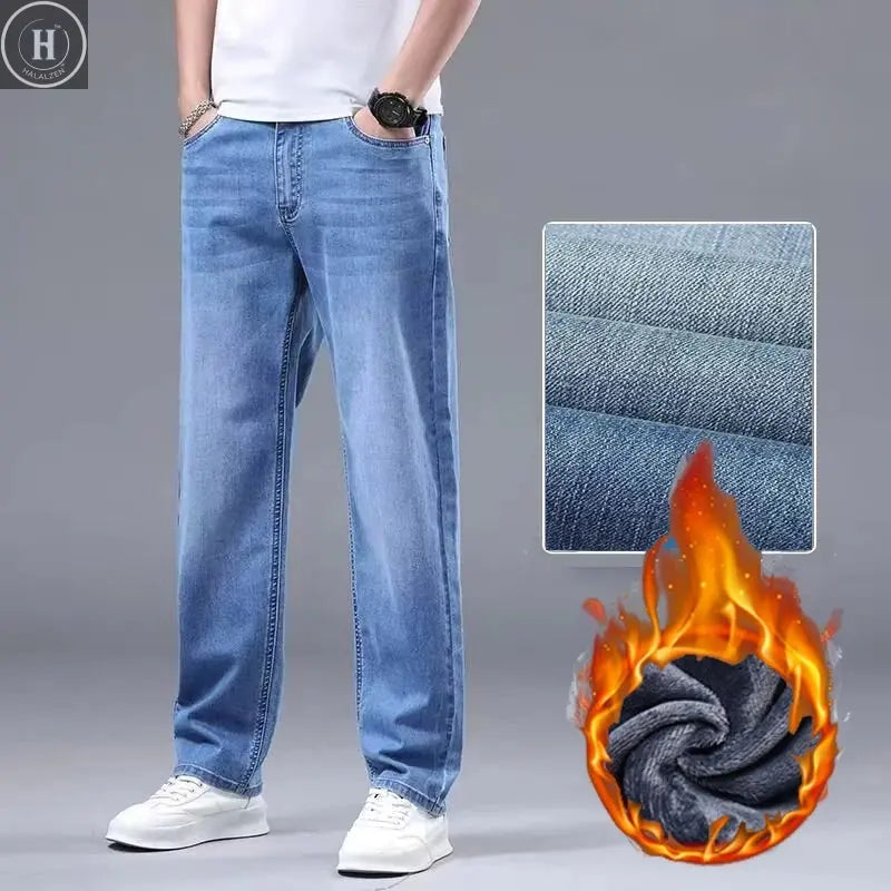 Men New Fleece Lined Thickened Jeans Male Winter Loose Straight Slim Fit Denim Pants High End Casual Elasticity Trousers HALALZEN