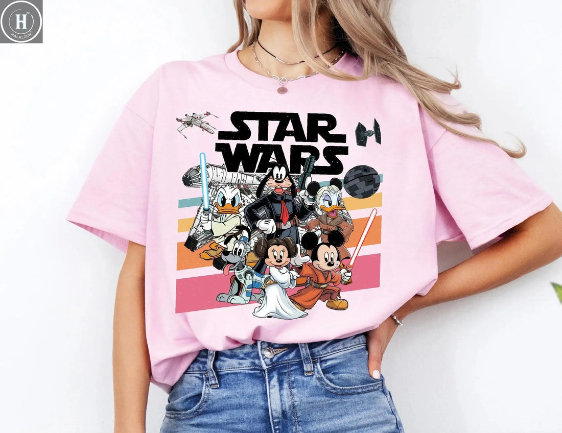 2025 Summer Retro Disney Mickey and Friends Star War Shirt May The 4th Be with You Shirt Disney 100% Pure Cotton Printed T-shirt HALALZEN