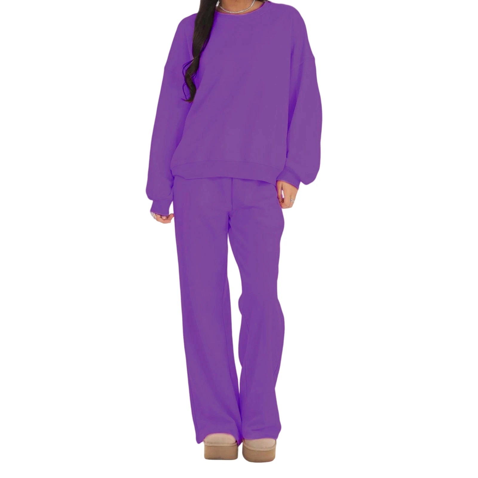 Women’s Solid Color Two Piece Outfits Long Sleeve Round Neck Sweatshirt and Straight Leg Pants Set Loungewear