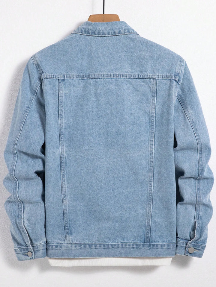 Men's denim jacket for spring and autumn. Blue denim coat. Daily casual wear. Fashion trend.