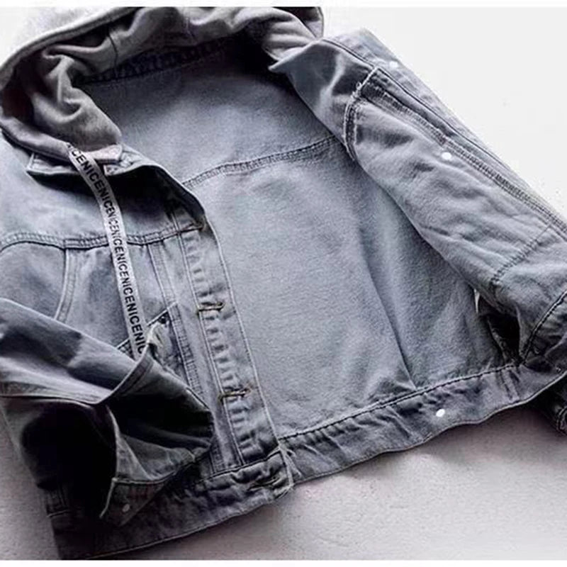 Korean Fashion Loose Denim Jacket Women 2025 Autumn Spring BF Patchwork Hooded Coats Streetwear Pocket Single Breasted Outerwear