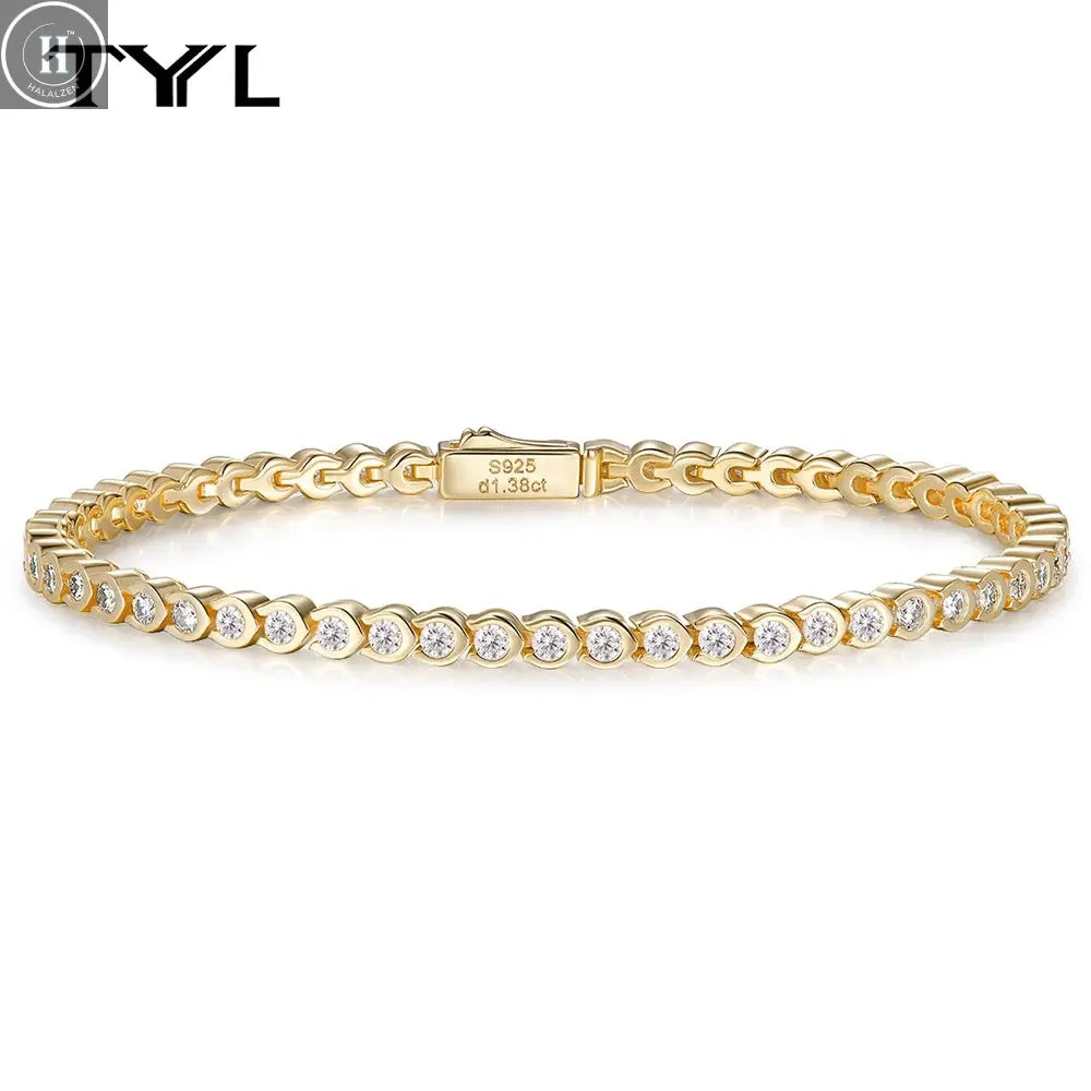 TYYL All 1.8mm Moissanite Tennis Bracelet 925 Silver 18k Gold Plated Round Bezel Diamond Bubble Thin Chain Women's Gifts Jewelry HALALZEN