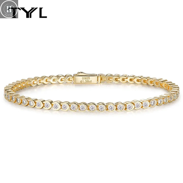TYYL All 1.8mm Moissanite Tennis Bracelet 925 Silver 18k Gold Plated Round Bezel Diamond Bubble Thin Chain Women's Gifts Jewelry HALALZEN