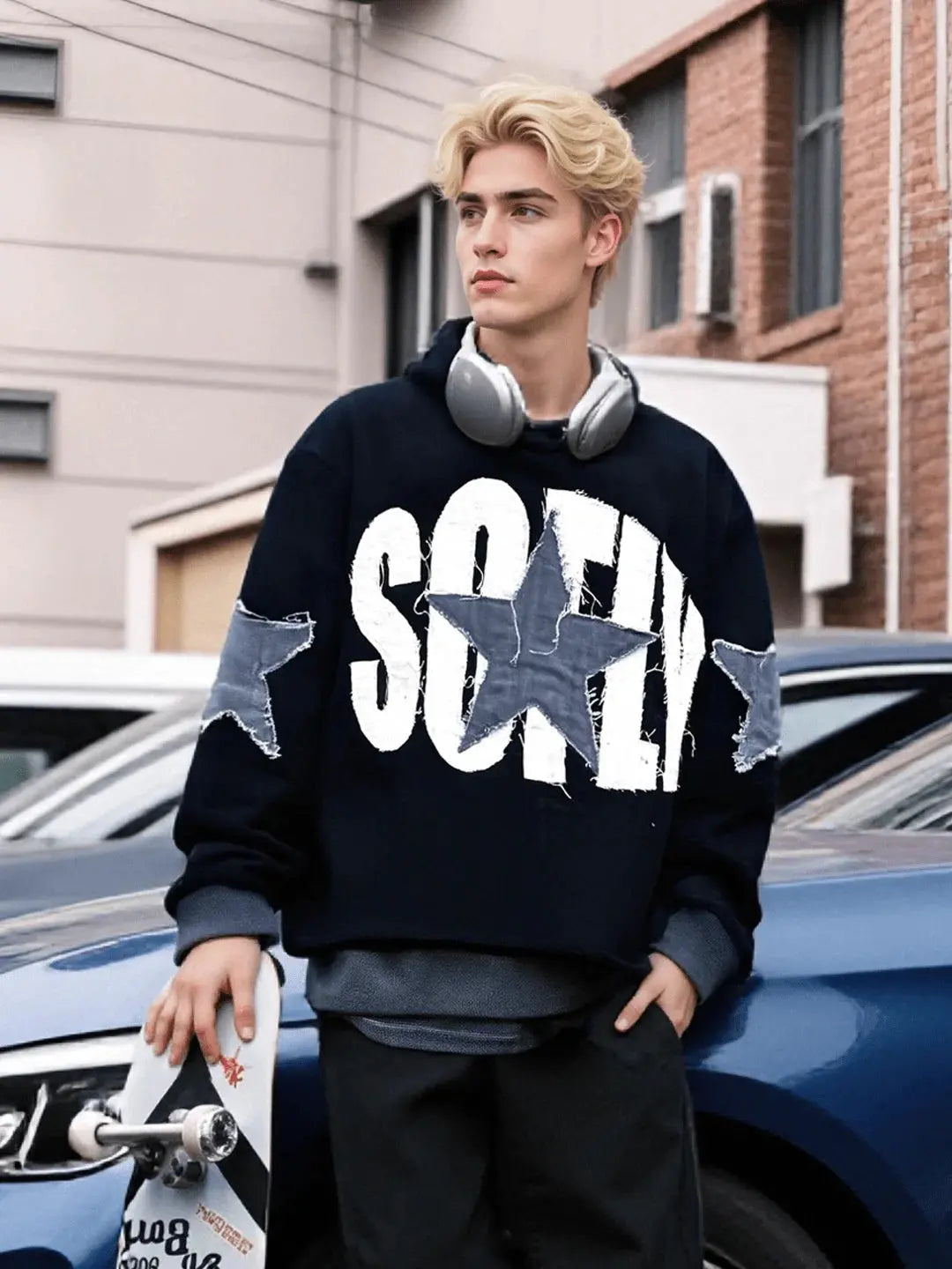 Men's Y2k Letter Graphic Long Sleeve Hoodie Vintage Loose Fit Hooded Sweatshirt Halalzen UK