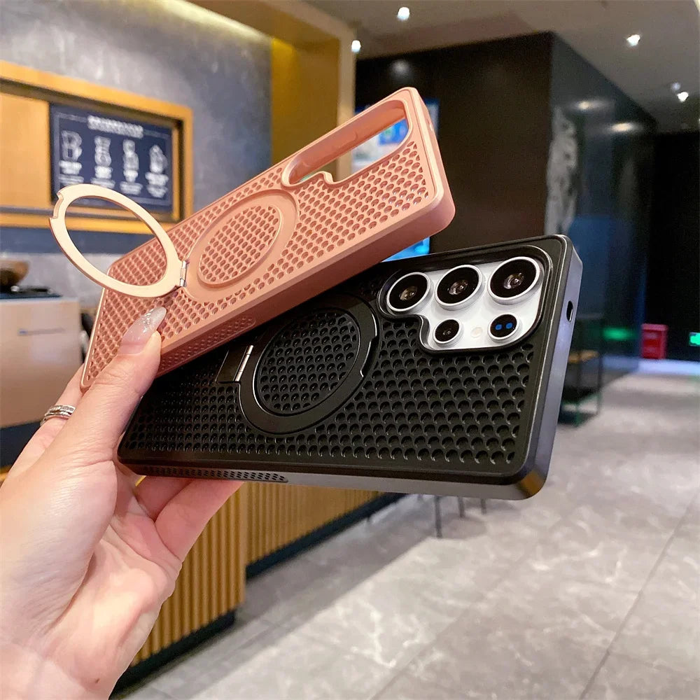 Magnetic Metal Fold Stand Heat Dissipation Phone Case for Samsung S25 S24 S23 Ultra FE S22 Plus 5G Luxury Protection Back Cover