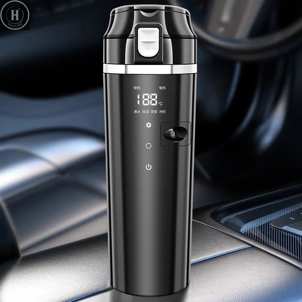 12V/24V Car Heating Cup Digital LCD Display Electric Kettle Stainless Steel Car Heated Smart Mug 500ML Coffee Milk Heated Kettle HALALZEN