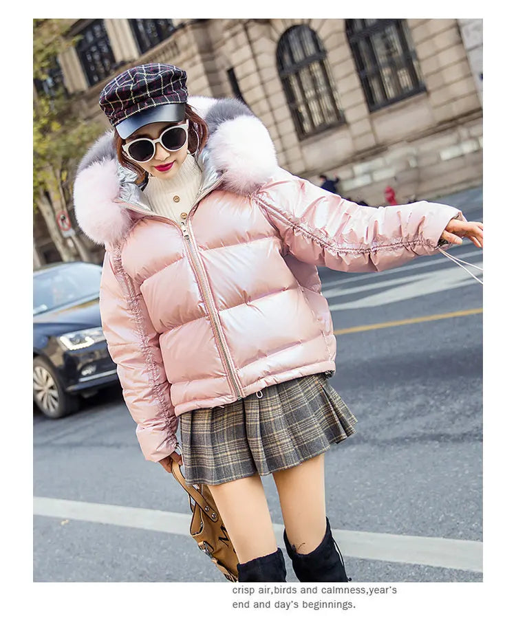 New Real Fur Parkas Natural Fox Fur Collar Jacket Winter Women Loose Short Down Coat White Duck Down Jacket Thick Warm Down Coat