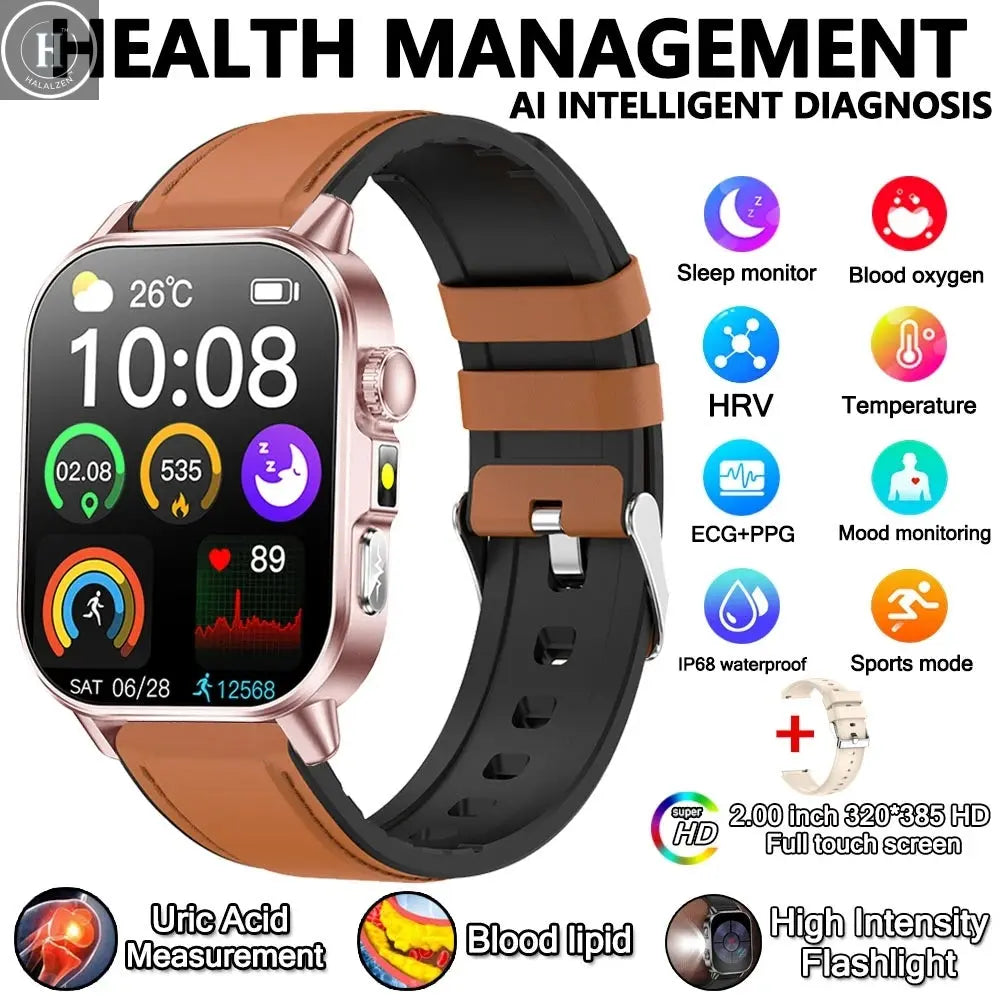 2026 New Model Uric Acid & Lipid Health Analysis Smart Watch Men ECG+PPG Bluetooth Call 2.01-inch Flashlight Smartwatch Women HALALZEN