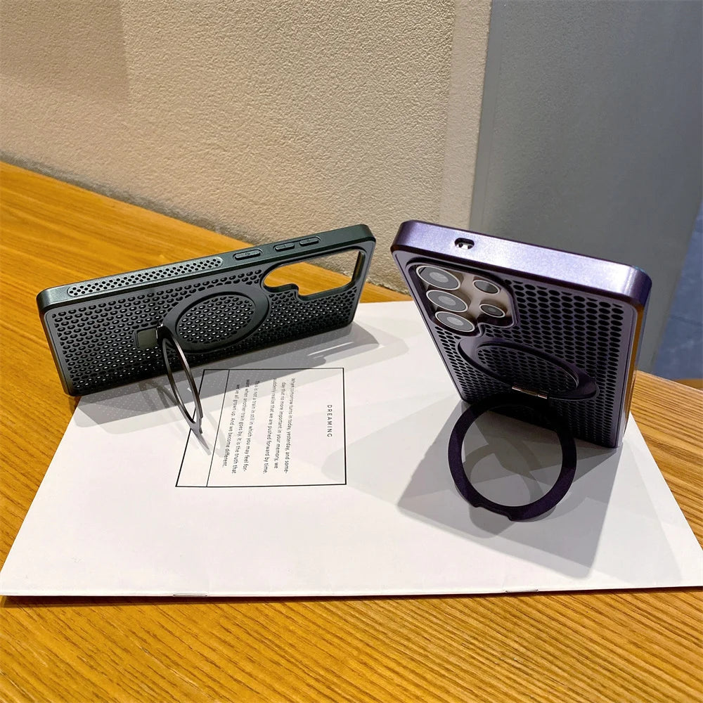 Magnetic Metal Fold Stand Heat Dissipation Phone Case for Samsung S25 S24 S23 Ultra FE S22 Plus 5G Luxury Protection Back Cover