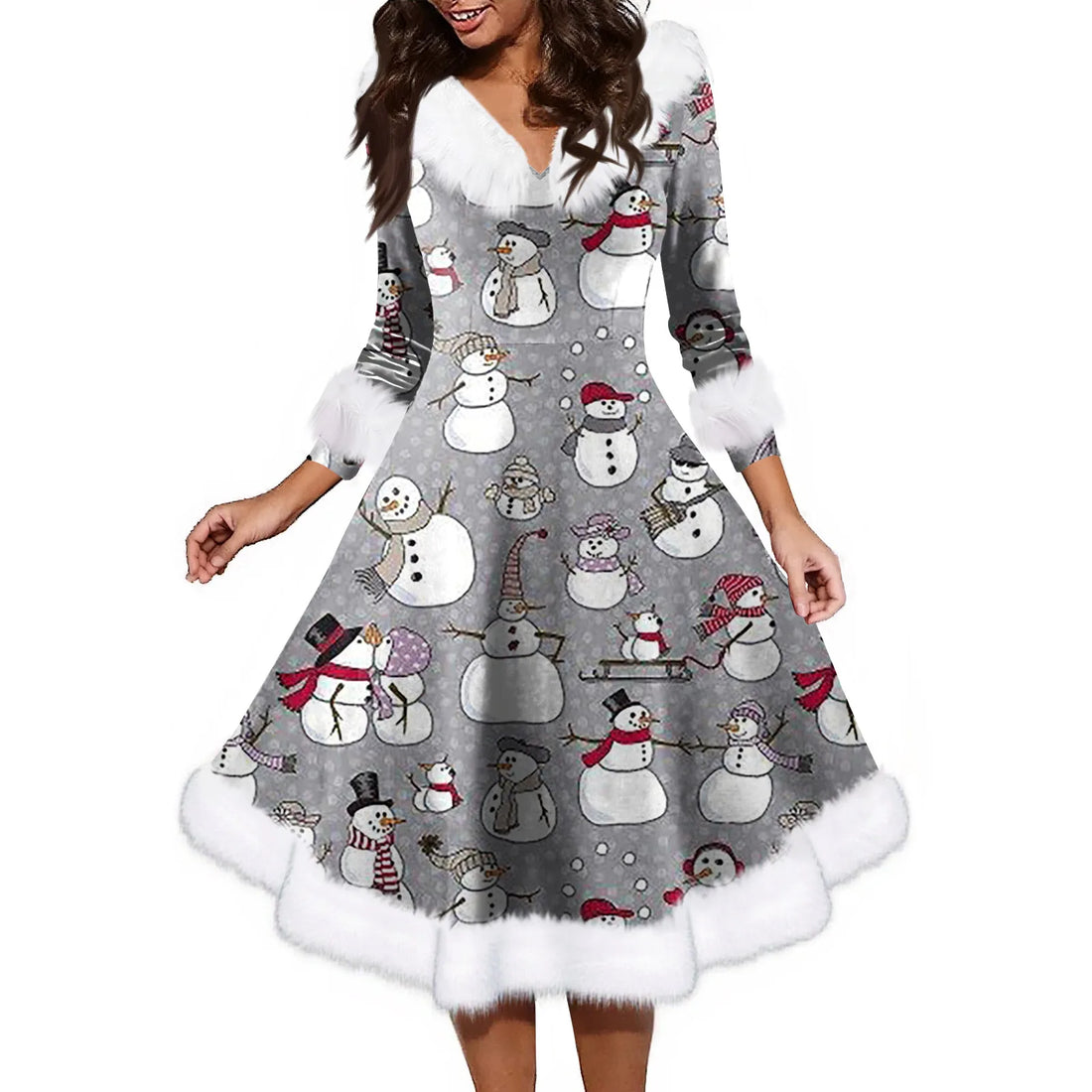 Women'S Fashion V-Neck Casual Fit Christmas Print Party Long Sleeve Dress Elegant Dresses