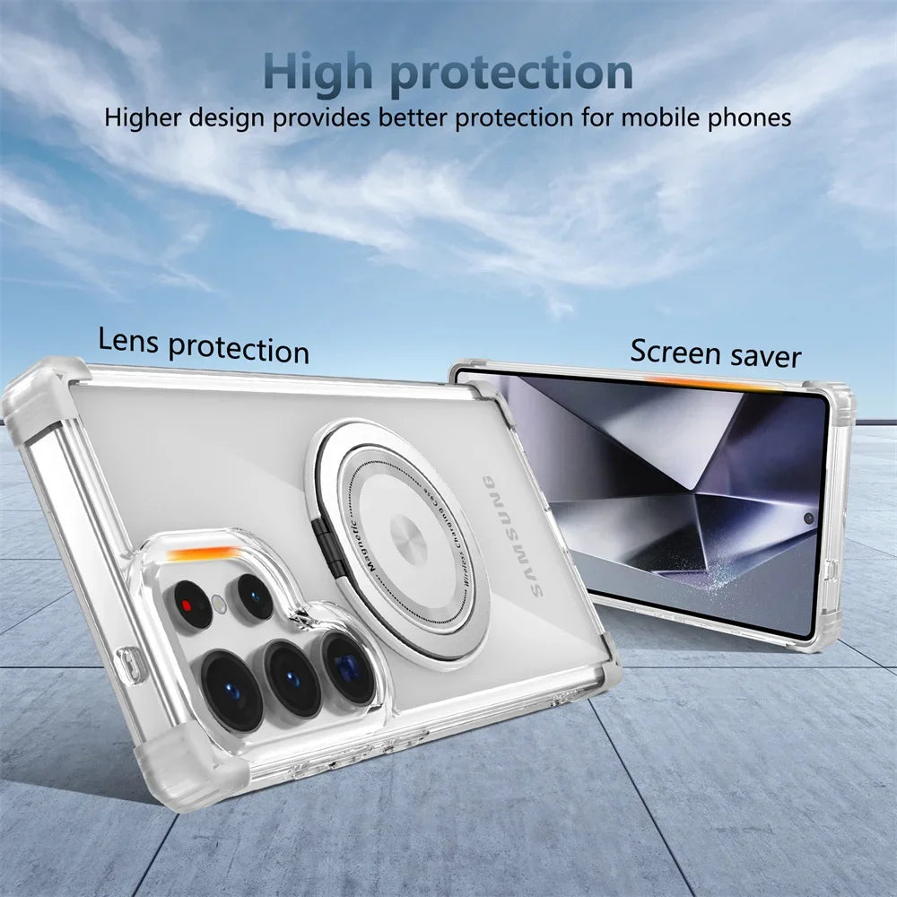 Rotating Magnetic Folding Stand Transparent Phone Case for Samsung S25 S24 S23 Plus FE Note 20 S21 Ultra Armor Shockproof Cover