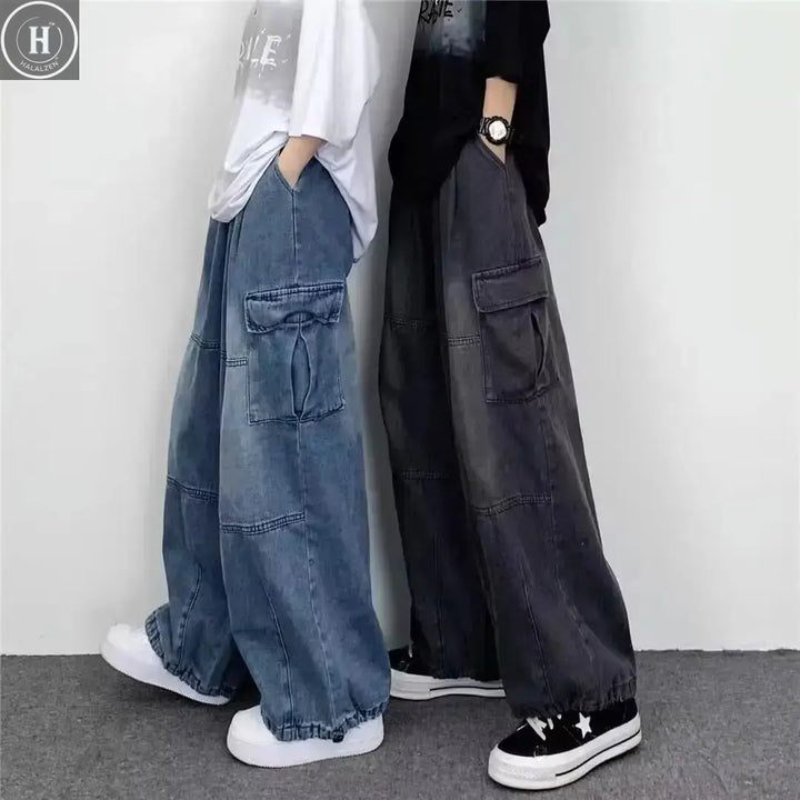 Spring And Autumn Vintage Wide Leg Big Pocket Overalls Men Y2K Neutral Loose Straight Leg Casual High Street Hip Hop Jeans Halalzen UK