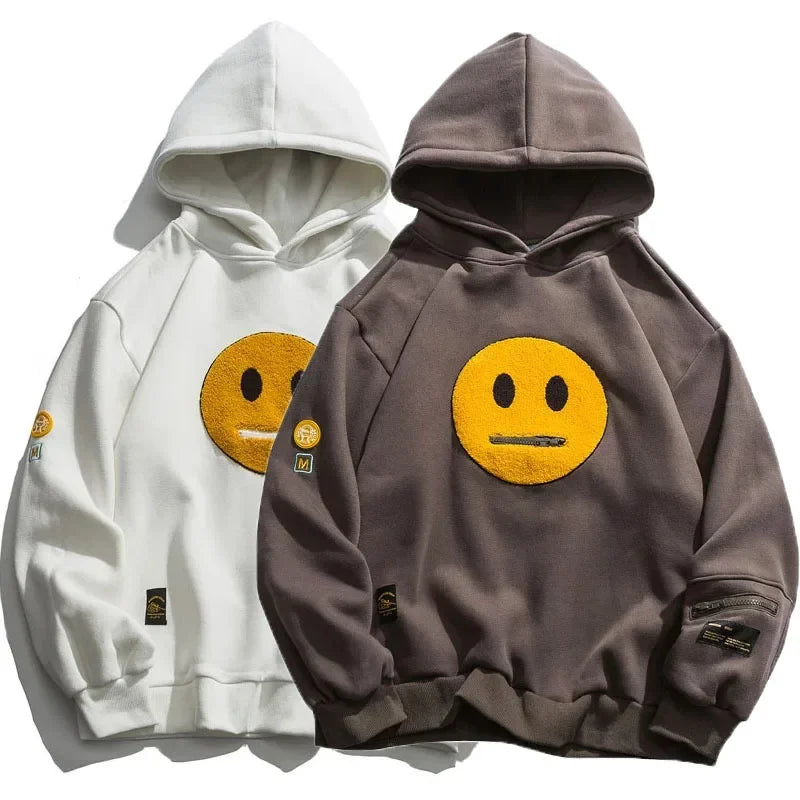 Brown Patchwork Hooded Sweatshirt Smiley Zip Design Big Pocket Hoodies Tide Hip-hop Streetwear New Casual Unisex Pullovers