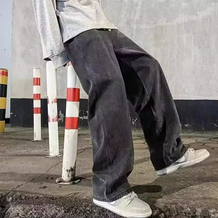 2025 New Streetwear Loose Jeans Men Korean Style Fashion Loose Straight Wide Leg Pants Men's Brand Clothing Black Light Blue HALALZEN