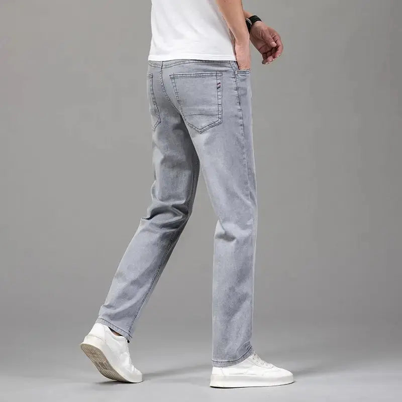 Summer Elastic Men's Jeans Fashion Gray Comfortable Business Straight Stretch Cotton Casual Denim Pants Brand Male Thin Trousers Halalzen UK