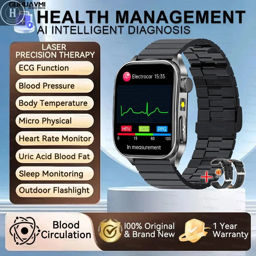 2026 New Health Smart Watch Laser Therapy Reduce Three Highs Blood Oxygen Pressure Uric Acid Blood Lipid ECG Smartwatch For Man HALALZEN