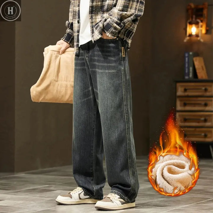 Winter Fleece Thick Cotton Jeans Men Warm Korean Velvet Loose Wide Pants Elastic Waist High Quality Outdoors Plush Trousers HALALZEN
