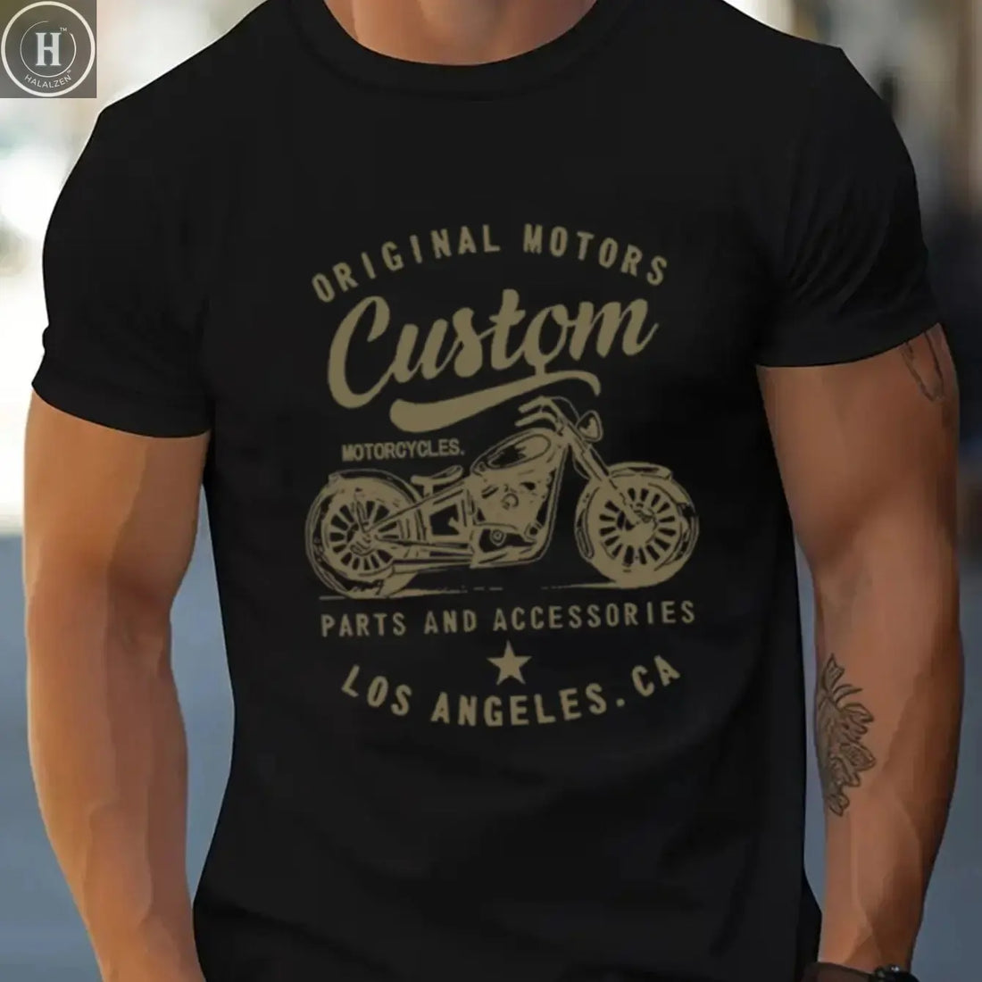 Men's 100% cotton fashionable casual loose oversized retro motorcycle pattern printed round neck short sleeved t-shirt HALALZEN