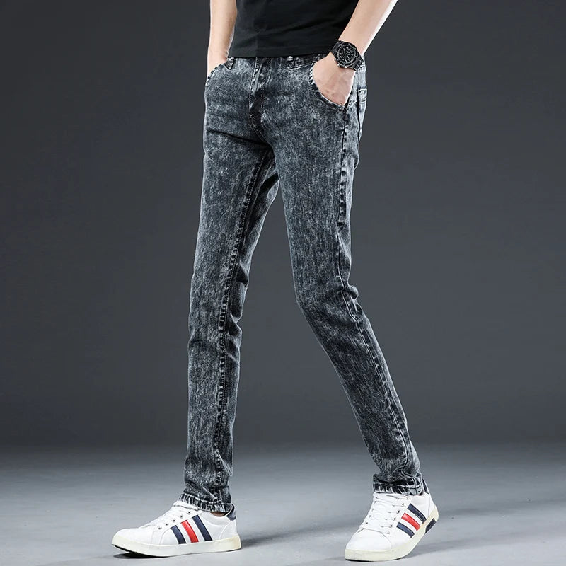 2024 Classic Korean Fashion Street Trendy Men Skinny Retro Snowflake Design Slim Fit Denim Pants New Elastic Cotton Men Jeans