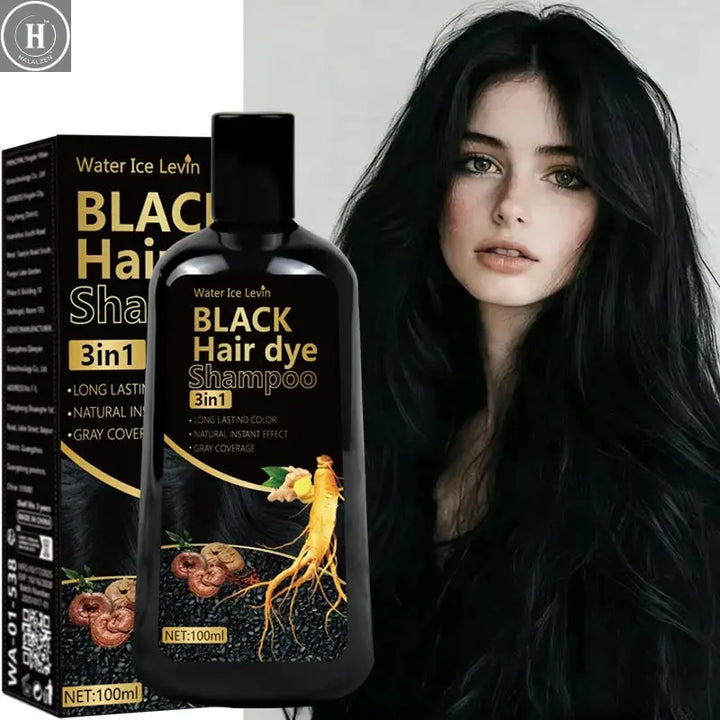 Black Hair Dye Shampoo 3in1 with Ginger & Biotin - Long Lasting Color & Gray Coverage for Vibrant Hair HALALZEN