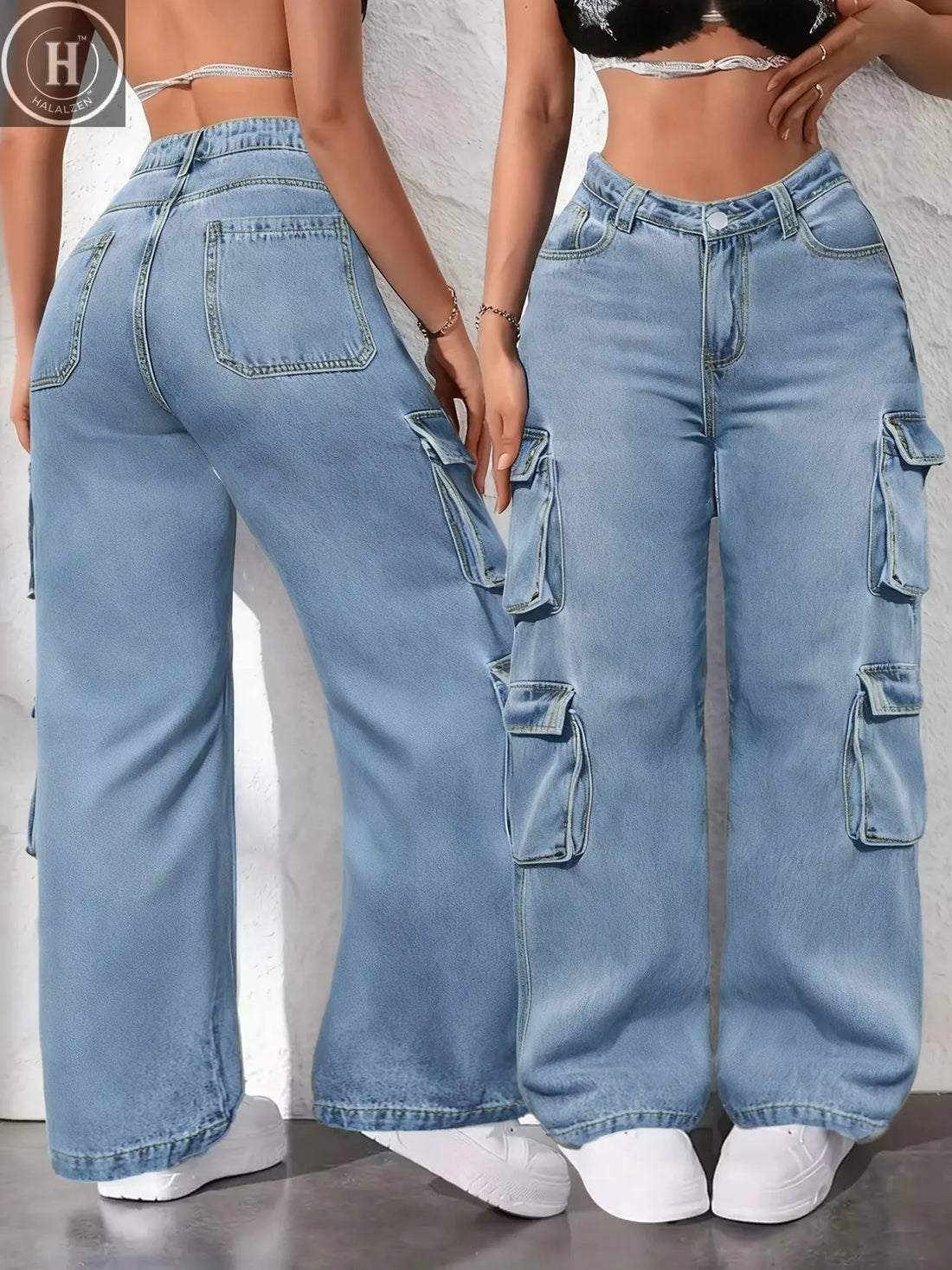 Plus size cargo pants for women, Fashionable multi pocket wide leg jeans, loose high waisted light blue jeans Halalzen UK