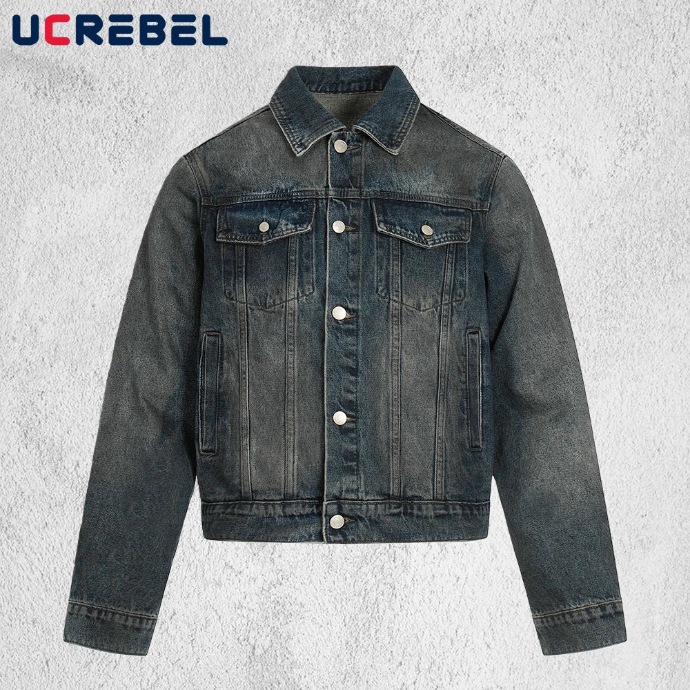 Pocket Spliced Denim Jacket Mens Autumn Winter Retro High Street Washed Distressed Lapel Single Breasted Cowboy Jacket Man