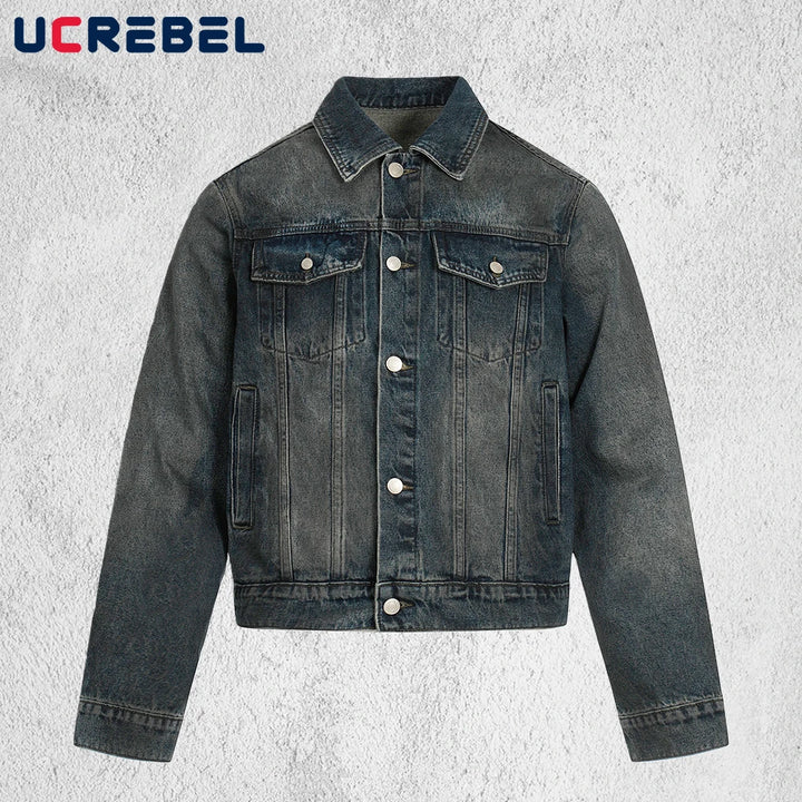 Pocket Spliced Denim Jacket Mens Autumn Winter Retro High Street Washed Distressed Lapel Single Breasted Cowboy Jacket Man