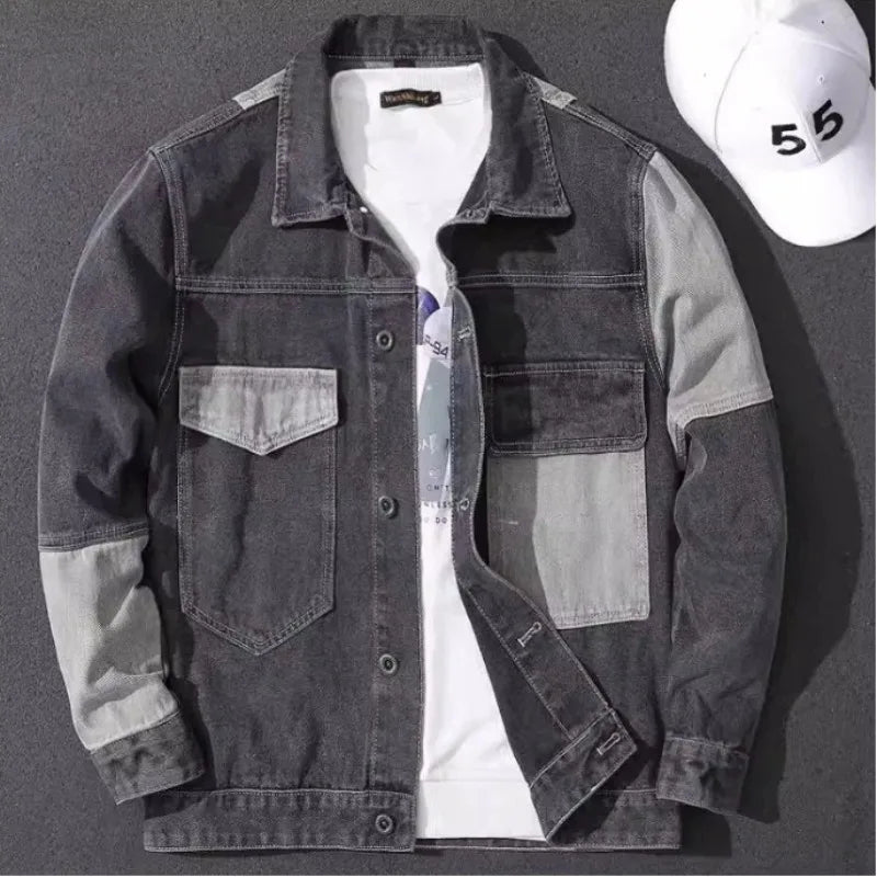 Korean Style Denim Patchwork Outerwear Mens Collared Jacket Casual Minimalist Fashion Trendy Spring Autumn New Style Jacket