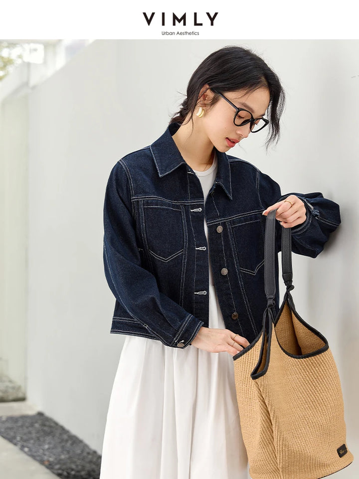 VIMLY Women's Vintage Denim Jacket 2025 Autumn Dark Indigo Jeans Jacket Woman Long Sleeve Loose Outerwears Ladies Clothes 73796