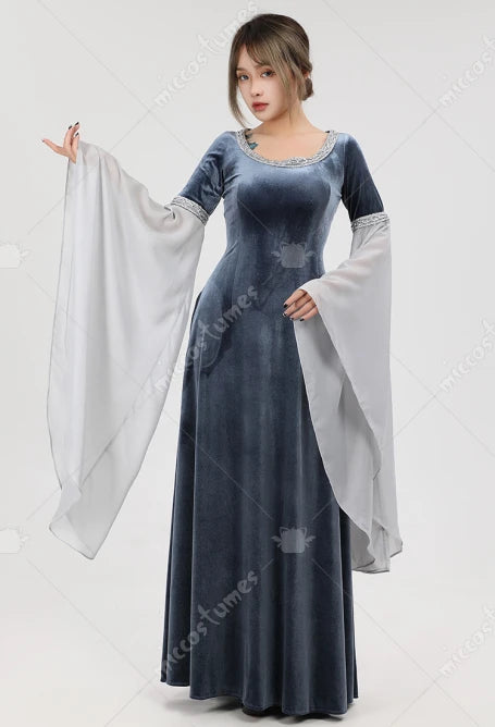 DAIZBELLA Halloween Medieval Cosplay Costume Handmade Historical Dress Retro Fairy Elf Dark Blue Velvet Gown with Sleeves
