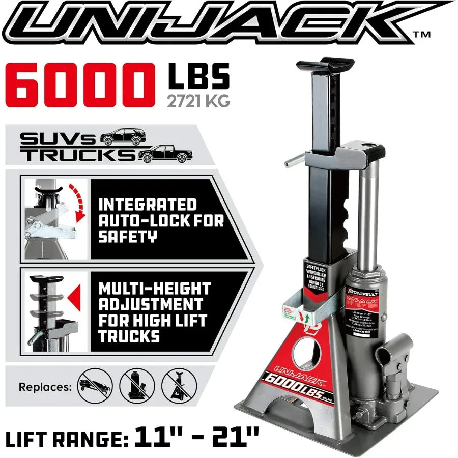 3 Ton, Bottle Jack and Jack Stands in One, 6000 Pound Capacity, All-in-One Car Lift, Heavy Duty Vehicle Unijack, Wide Base, 6204