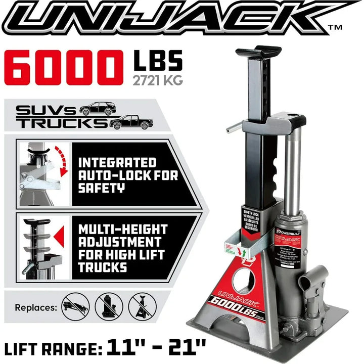 3 Ton, Bottle Jack and Jack Stands in One, 6000 Pound Capacity, All-in-One Car Lift, Heavy Duty Vehicle Unijack, Wide Base, 6204