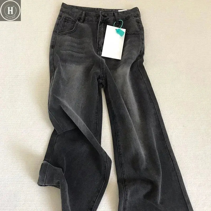 Lady Retro Black Gray High Waist Jeans Pants Women Fashion Straight Leg Denim Trousers Girls Loose Fit Thin Casual Pants Halalzen UK