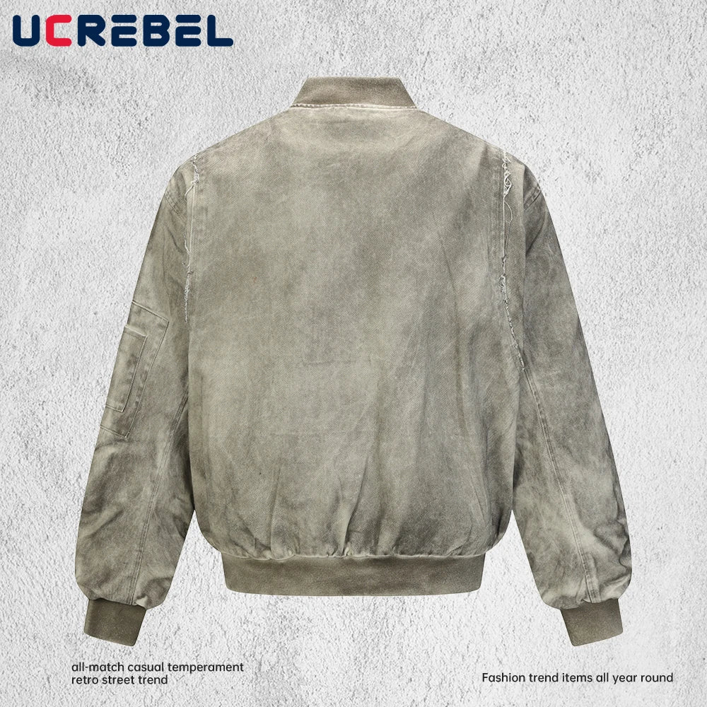 Retro Distressed Cargo Jacket Mens Pocket Autumn High Street Stand Collar Pleated sleeves Outerwear Man