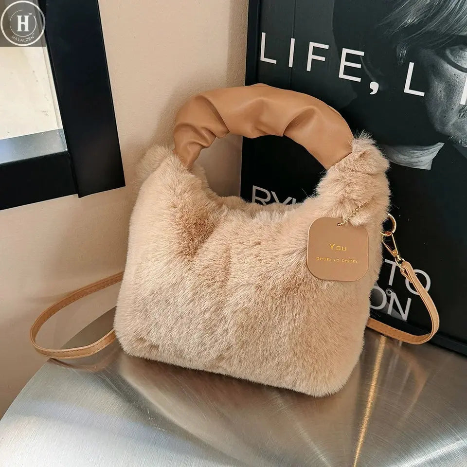 Women Faux Fur Plush Handbags Ruched Handle Small Lady Shoulder Crossbody Bag Casual Half-Moon Hobos Winter Bags for Women HALALZEN