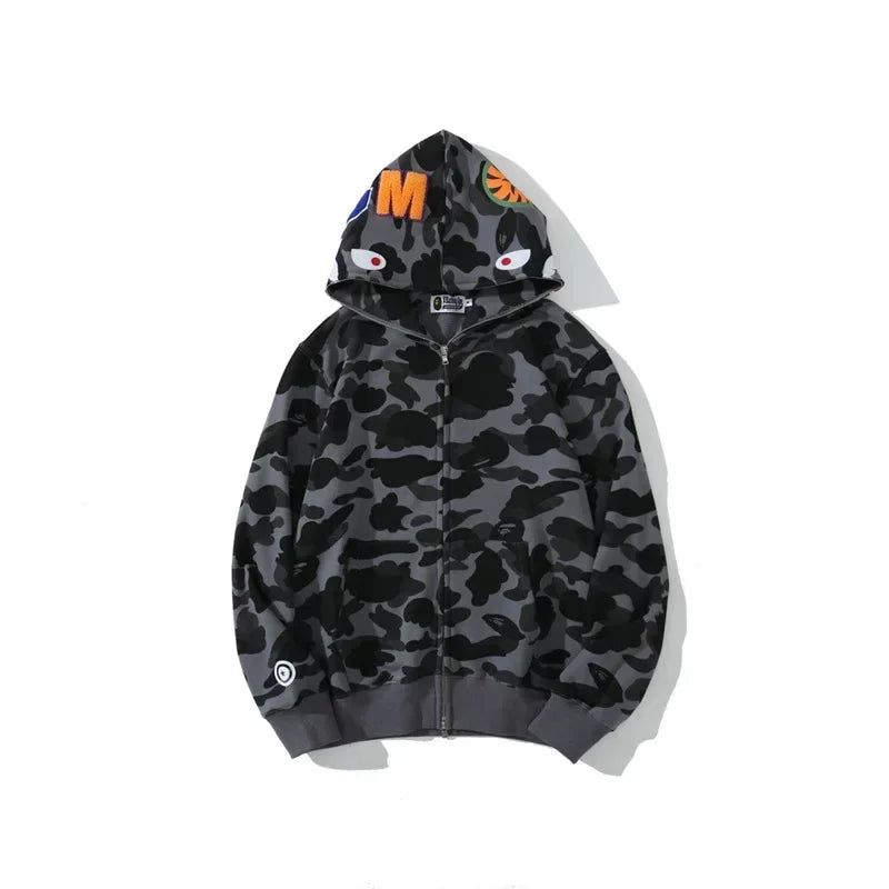 100% Cotton Trendy Shark Camouflage Zippered Hoodie for Men and Women Fine Embroidery Loose Fitting Pure Cotton Plush Hooded Ca