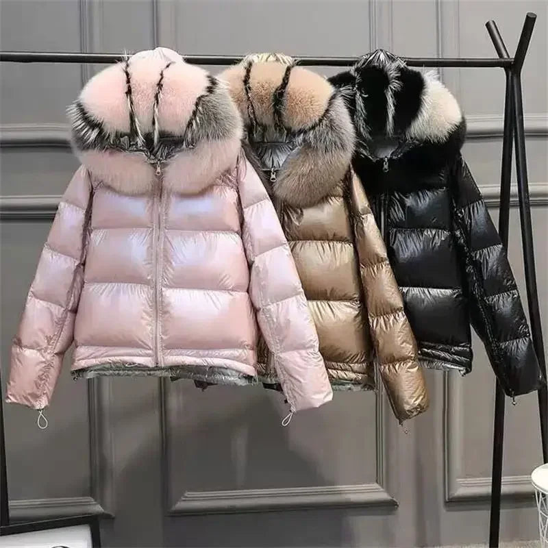 New Real Fur Parkas Natural Fox Fur Collar Jacket Winter Women Loose Short Down Coat White Duck Down Jacket Thick Warm Down Coat