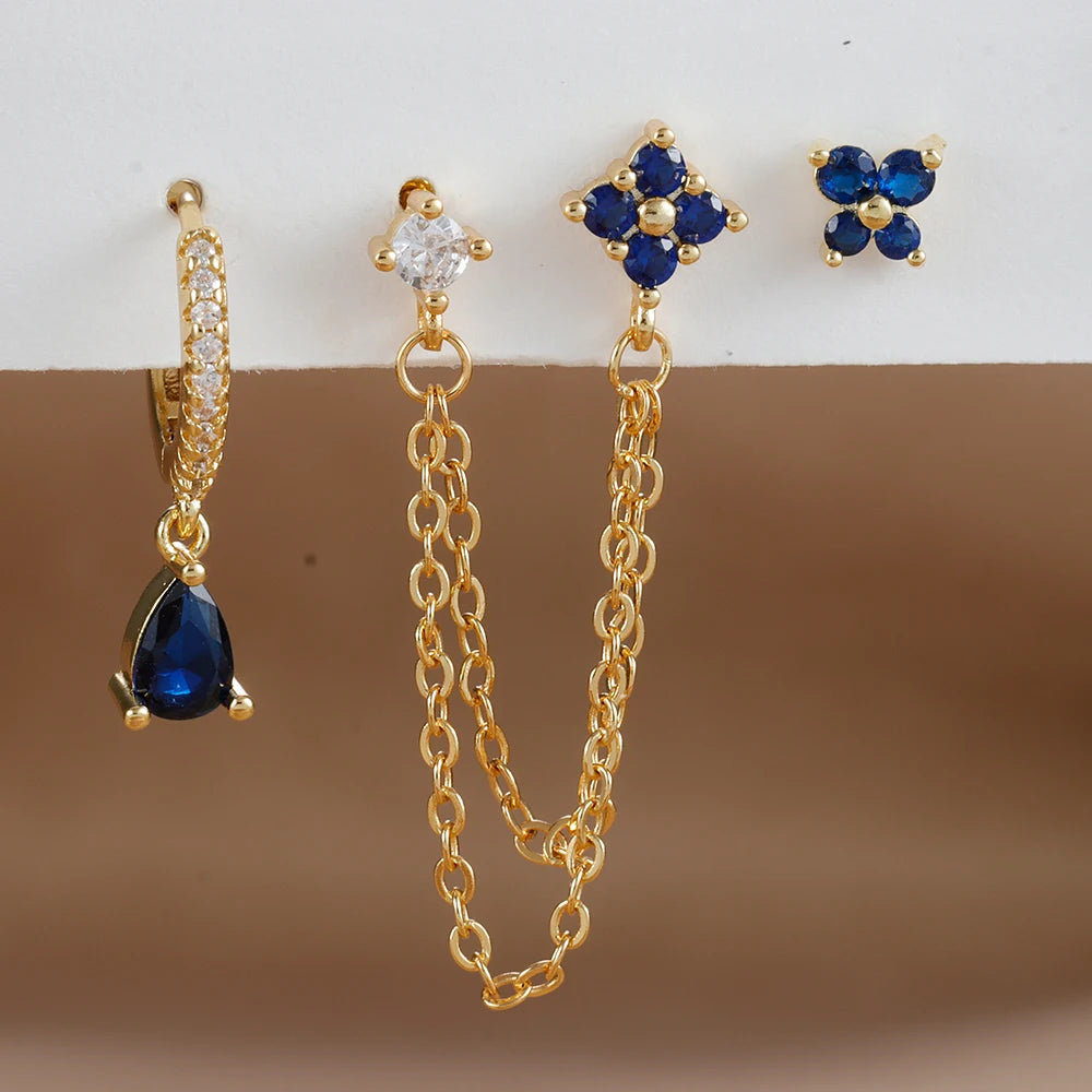 3PCS Set Stainless Steel Crystal CZ Butterfly Ear Stud Earring Gold Plated Pendant Water Drop Cartilage Earring Piercing Jewelry