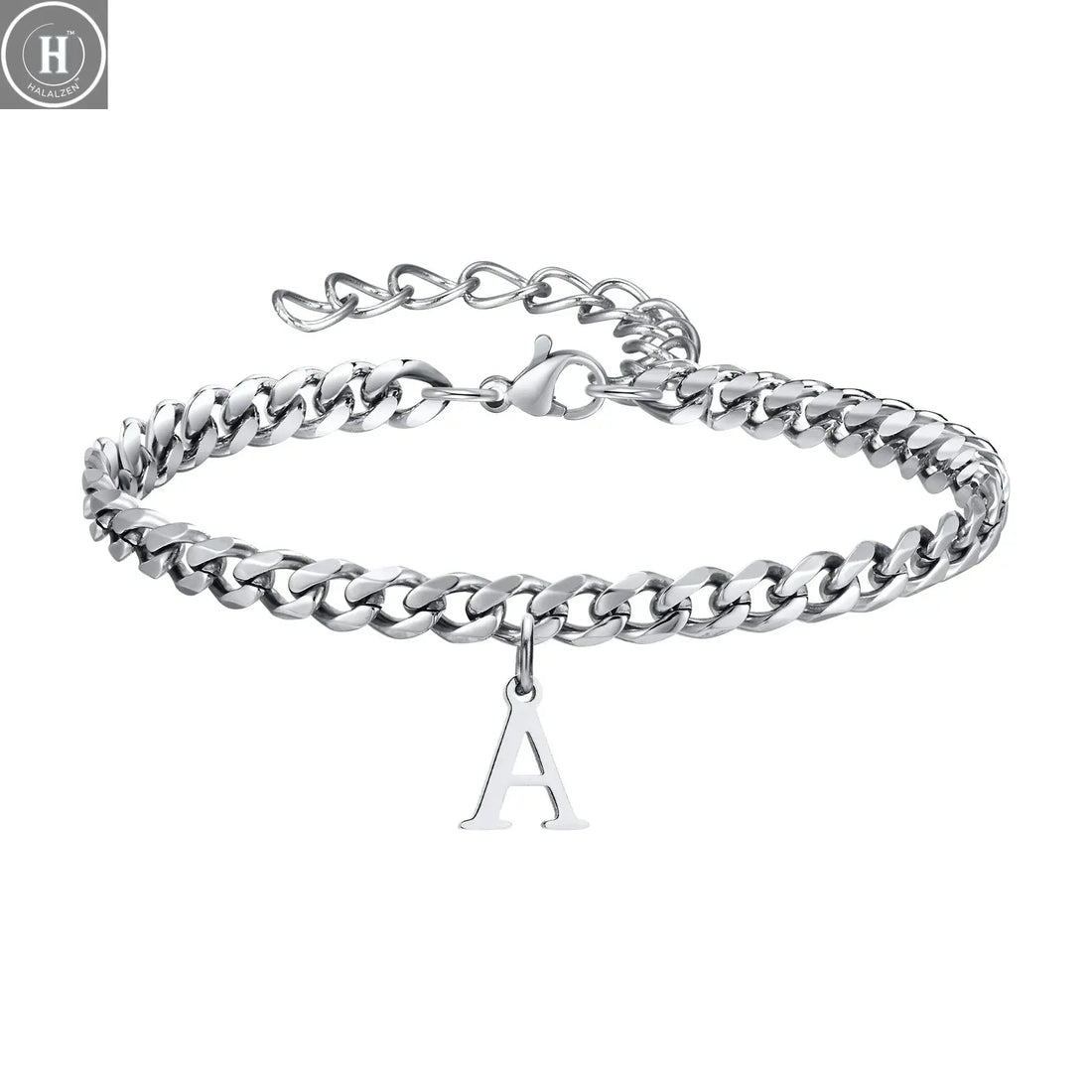 Mens Initials Cuban Links Bracelets,Stainless Steel A-Z 26 Letters Alphabet Charm Chain Wristband Adjustable,Casual Jewelry Gift HALALZEN