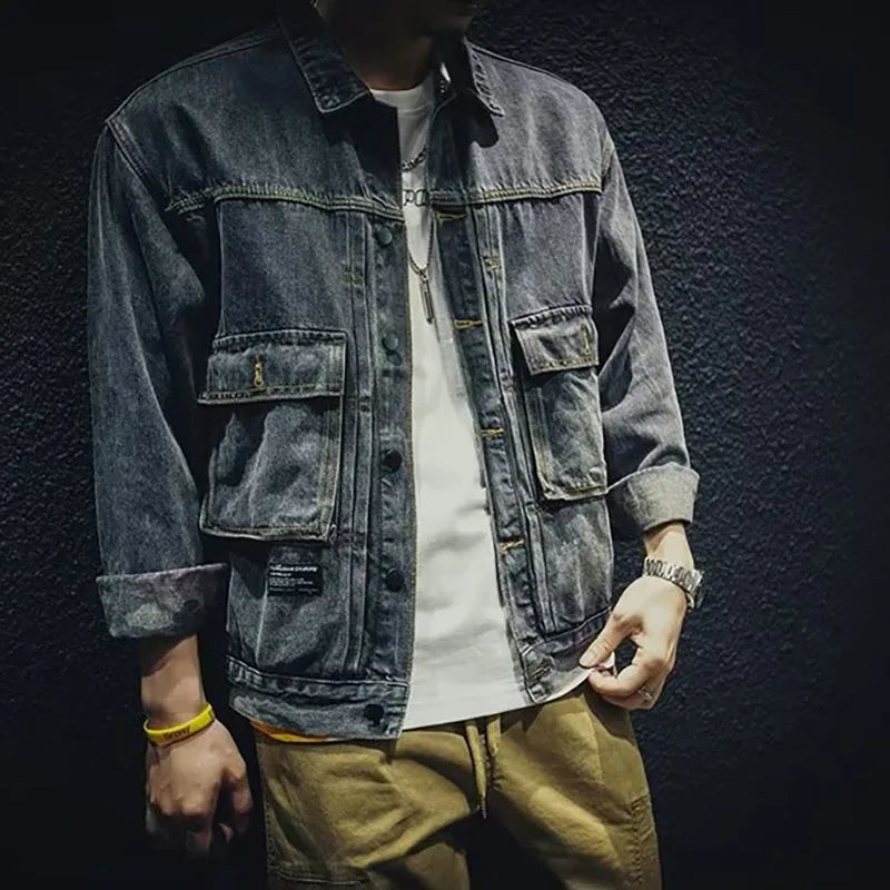 Korean Version Spring And Autumn New Men'S Retro Workwear Casual Denim Jacket Slim Fit Lapel Jacket Large Pocket Denim Jacket
