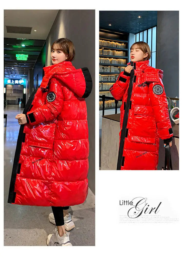 2024 New Waterproof Coats Fashion Winter Down Cotton Jacket Womens Glossy Colorful Femme Thick Warm Long Hooded Puffer Parkas