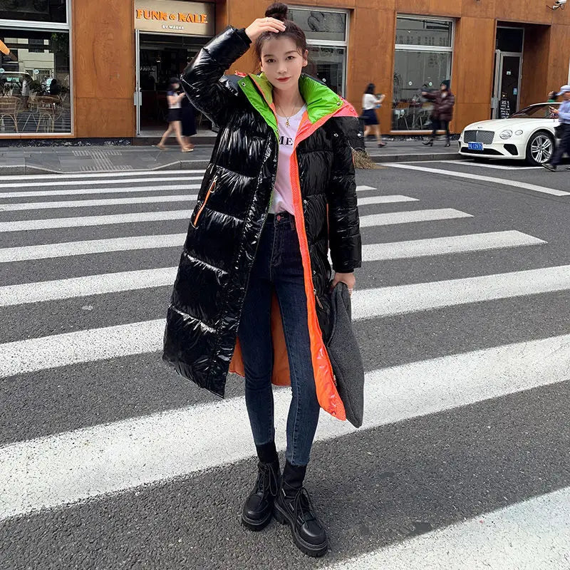 2024 New Waterproof Coats Fashion Winter Down Cotton Jacket Womens Glossy Colorful Femme Thick Warm Long Hooded Puffer Parkas