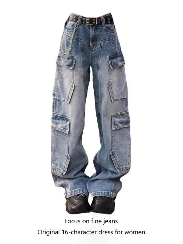 American High Street Multi Pocket Cargo Denim Pants Women 2025 Spring Autumn Loose Wide Leg Straight Washed Streetwear Jeans