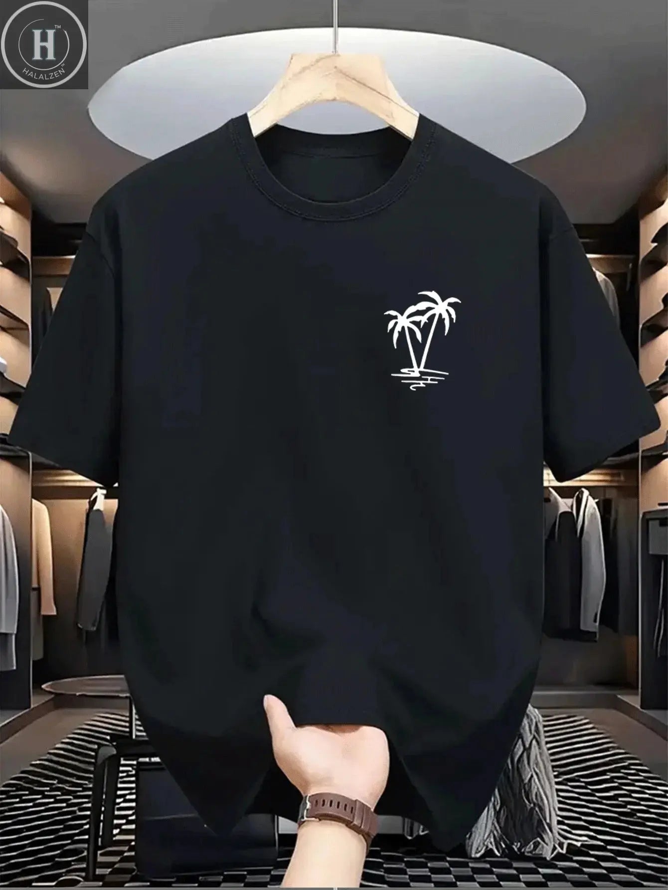 Men's summer 100% cotton fashionable casual loose coconut tree pattern printed sports round neck short sleeved T-shirt top HALALZEN