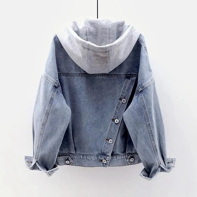 Korean Fashion Loose Denim Jacket Women 2025 Autumn Spring BF Patchwork Hooded Coats Streetwear Pocket Single Breasted Outerwear